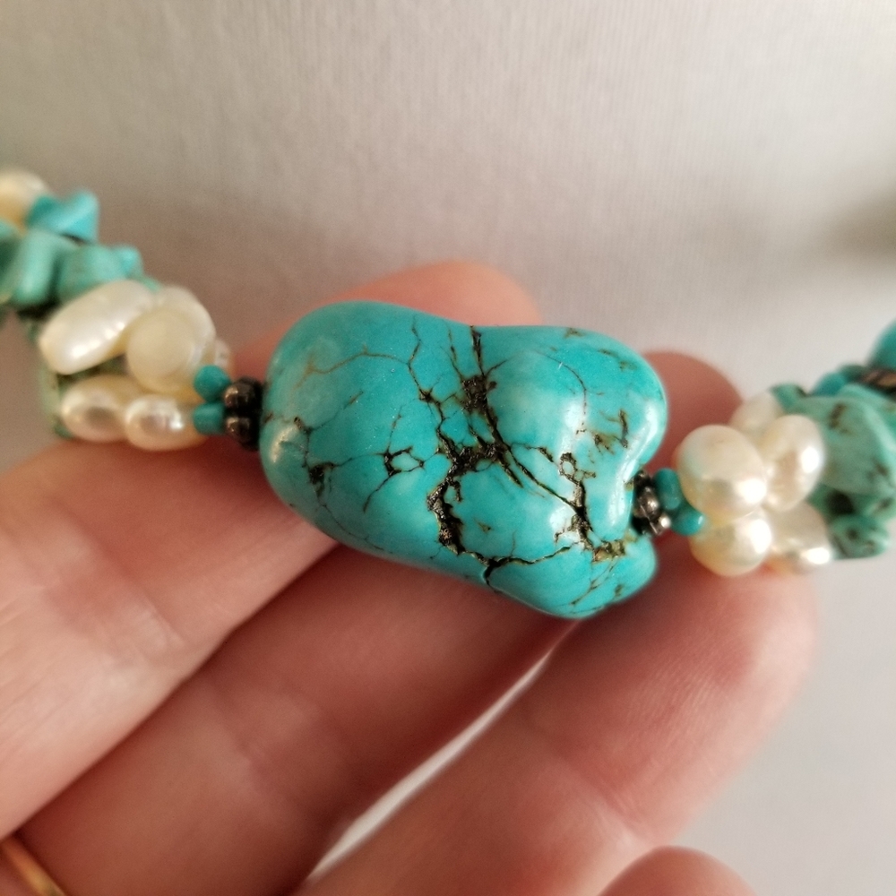 Necklace Southwestern Chunky real pearls and blue stone western style - Picture 5 of 17
